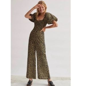 NWT Faithful the Brand floral black yellow gold linen puff sleeve jumpsuit